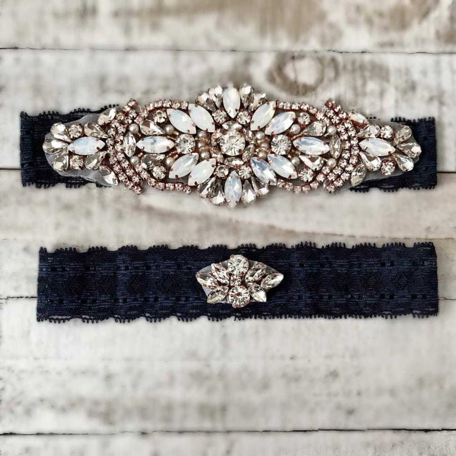 Mariage - Something Blue Bridal Garter, navy garter, NO SLIP Lace Wedding Garter Set, bridal garter set, vintage rhinestones D18RG-D51RG