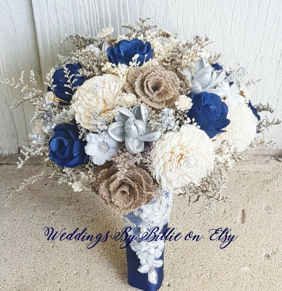 Свадьба - Navy Blue Silver Burlap Sola Bouquet, Sola Flowers, Navy Silver Wedding Bouquet, Wedding Flowers, Rustic Chic, Bridal Accessories, Keepsake