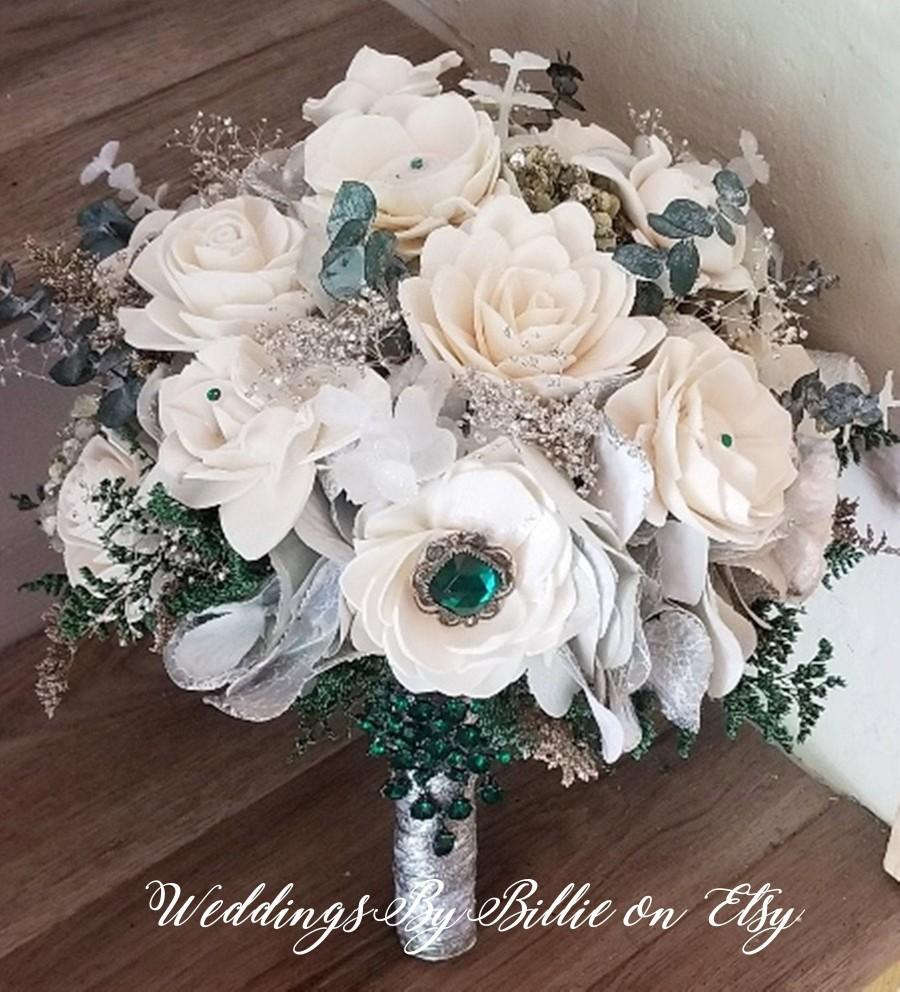 Wedding - Emerald Green Wedding Bouquet, Wedding Flowers, Green Silver White Wedding, Alternative Bouquet, Bridal Accessories, Keepsake Bouquet