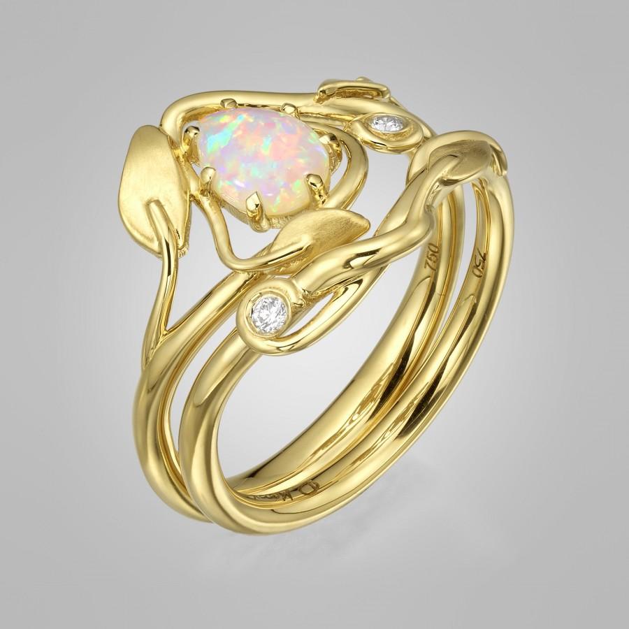 Hochzeit - Opal engagement ring, Gold Opal ring, Opal Bridal Set, Unique Engagement ring, Australian Opal Ring, Leaves Opal Ring, Leaf Ring