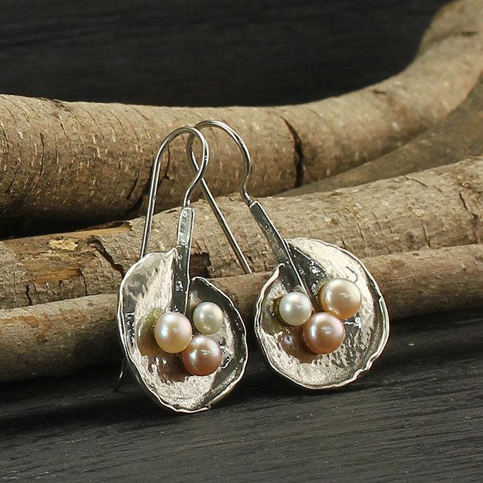 Wedding - Colored Pearls Earrings, White Pink Peach Pearls, 925 Sterling Silver, Unique Design, Bridal,Wedding Jewelry,Bridesmaid Gift X204