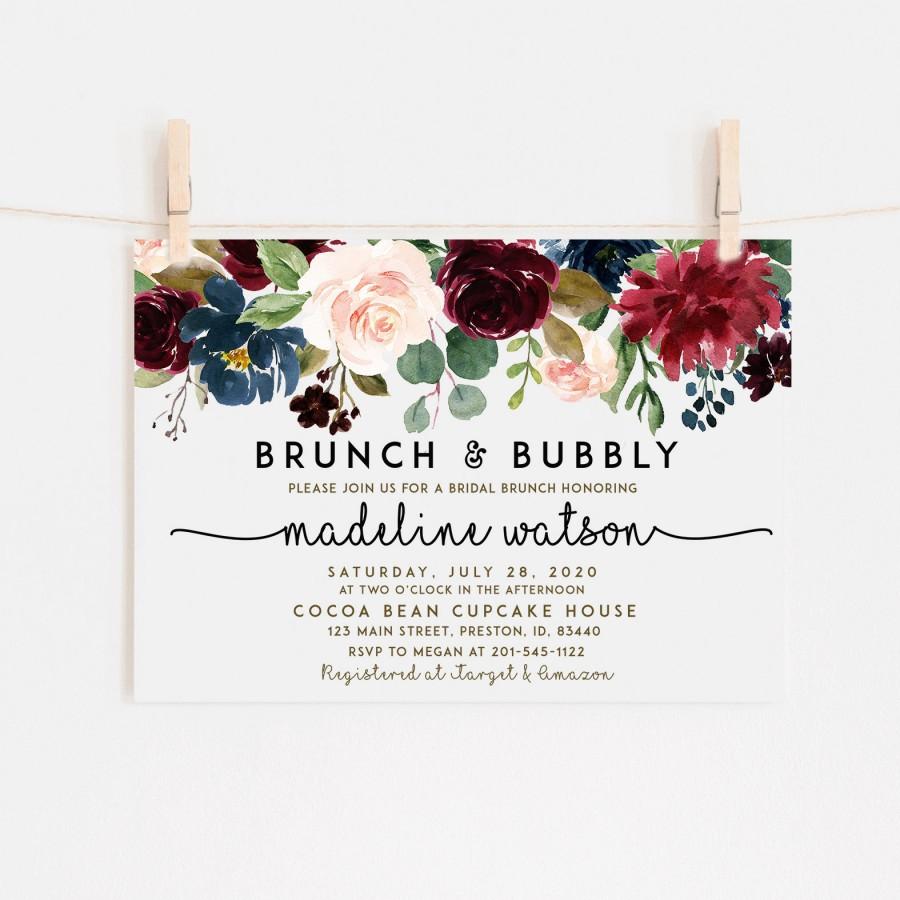 Hochzeit - Fall Floral Brunch and Bubbly Invitation, Burgundy Bridal Shower Invite, Autumn Shower Card, Watercolor Invite, Printable Editable LDC-BUR