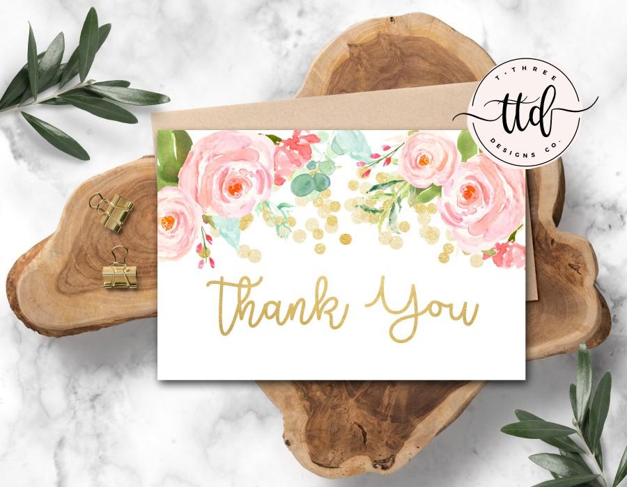 Mariage - Gold Confetti Floral Thank You Card, Thank You Card, Printable Thank You, Floral Thank You, Thank You Note, Thank You Printable, 15101