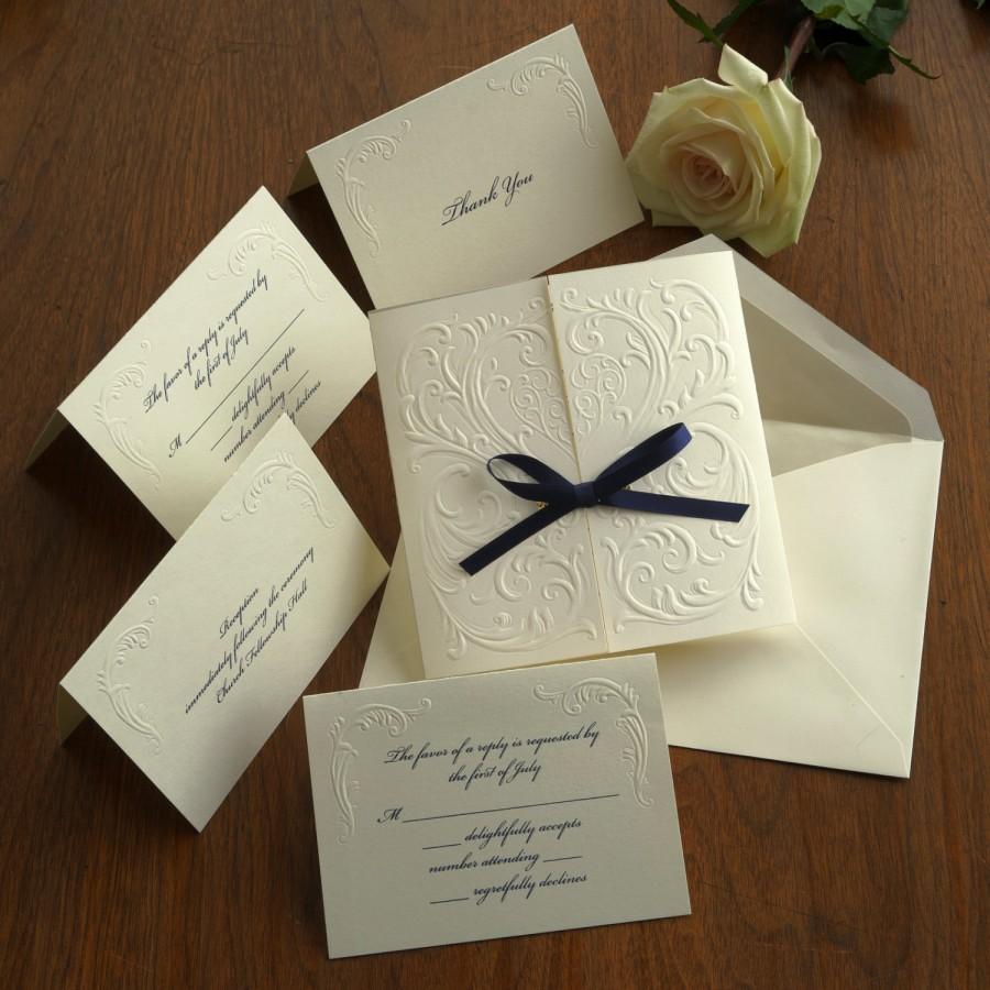 Свадьба - Vintage Filigree Embossed Wedding Invitation Set with Ribbon / Versailles / AV1172