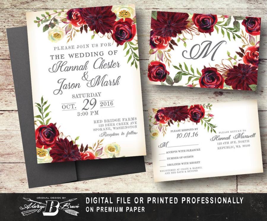 Hochzeit - Marsala Floral Wedding Invitation & RSVP 