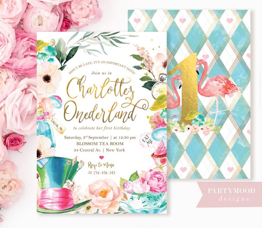 Wedding - Alice In Wonderland Invitation, Onederland Girl's 1st Birthday Party Invitation - Mad Tea Party 