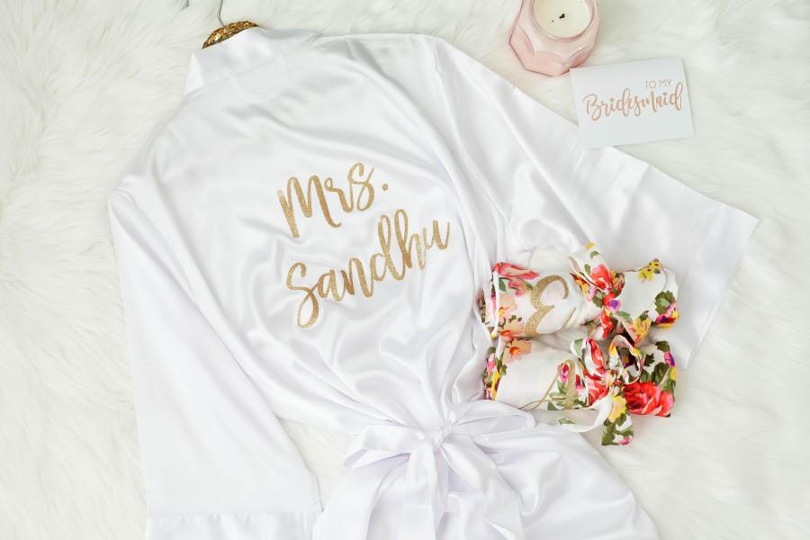 Wedding - Bridesmaid Robes With Back Personalization, Bridal Robe, Getting Ready Bridesmaid Robe, Honeymoon sexy lingerie white silky robe, Future Mrs