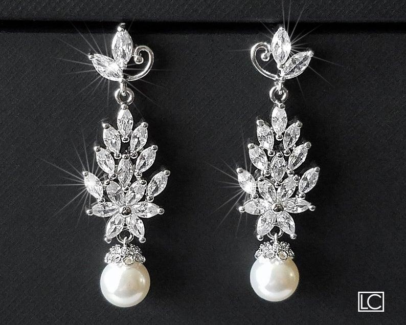Hochzeit - Pearl Bridal Chandelier Earrings, Wedding Pearl Jewelry, Swarovski White Pearl Leaf Cluster Earrings, Marquise Earrings, Statement Earrings