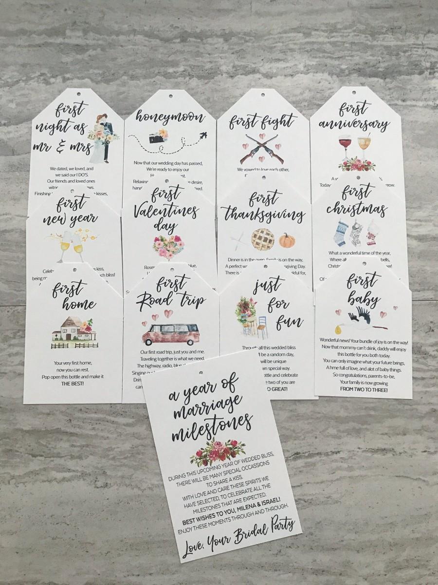 Hochzeit - PRINTED Marriage Milestone Tags, Watercolor Wine Tags, First Year milestones, wine poem,Wine basket tags,Milestone wine tag,A year of firsts