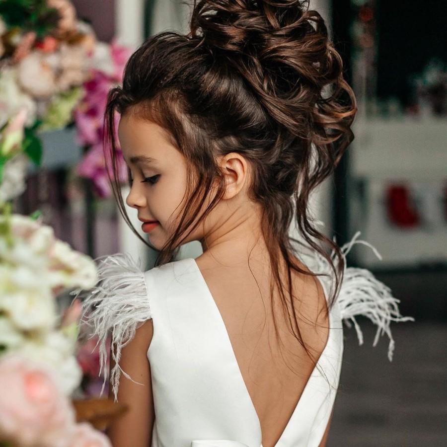 Wedding - Tulle Flower Girl Dress, Ivory Flower Girl Dress, Exclusive Girl Dress, Birthday Girl Dress, Wedding Party Girl Dress, Feathers Dress