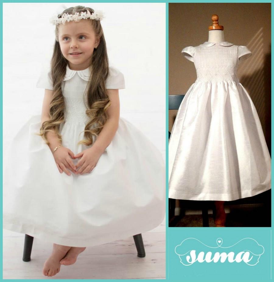 Hochzeit - Flower Girl Dresses, White Shantung Smocked Dresses add Petticoat and Headpiece