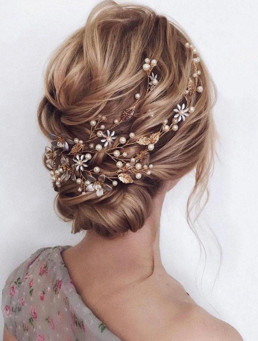 زفاف - Pearl Golden Leaf Hair vine, Bridal Hair decoration, Crystal Wedding Hair band, Crystal Hair Comb, Gold Bridal Headpiece