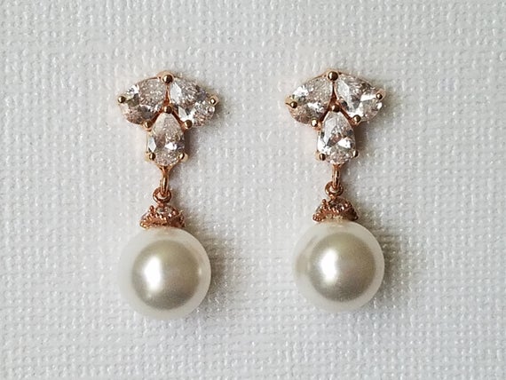 Hochzeit - White Pearl Rose Gold Earrings, Swarovski White Pearl Drop Bridal Earrings, Rose Gold Pearl Jewelry Wedding Pink Gold Earring Bridal Jewelry