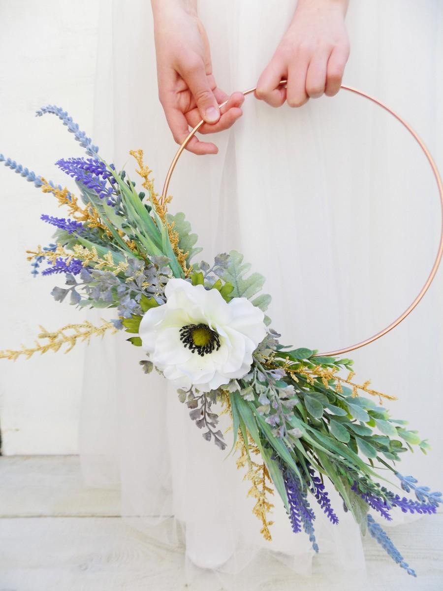 Hochzeit - Bridal flower hoop lavender wreath floral rustic hoops alternative bouquet bridal bouquet bridesmaid modern wreath fern hoop flower ring