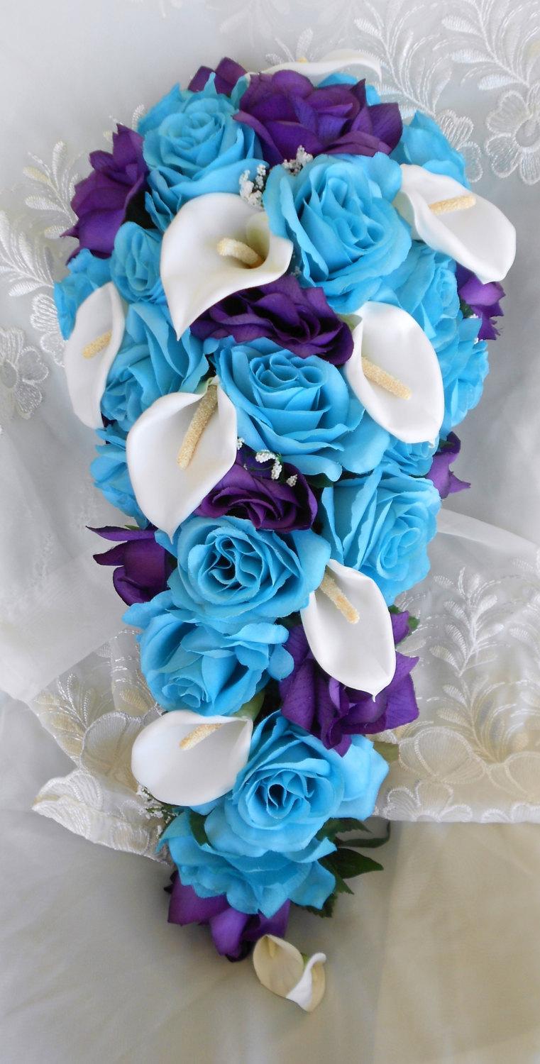 Свадьба - Silk Turquoise Malibu blue and royal purple wedding set 19 pieces Brides , Matron of Honor , Brides Maids and more .   Free small toss