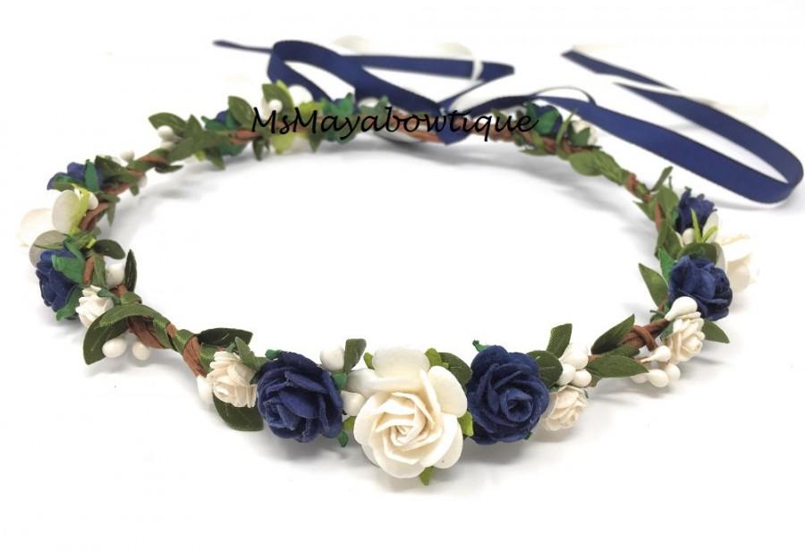 زفاف - Flower crown bachelorette, flower crown blue, flower girl crown navy blue, flower girl headband, flower heapiece,  flower crown adult