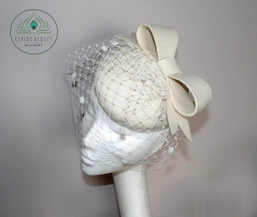Wedding - Ivory wool felt bridal pillbox hat - Cream bridal cocktail - Vintage felt bow - Ivory spotted merry widow veil - Bridal birdcage ~ CAMILLA