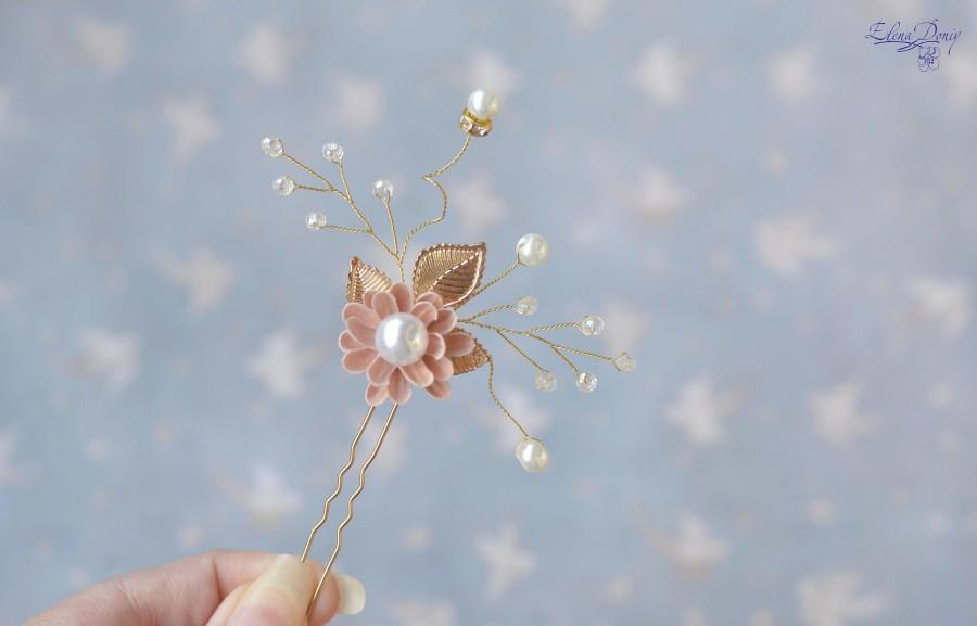 Свадьба - Hair pin Pearl crystal pin hair vine Crystal hair pin gold peach flower small head piece Vine Wedding jewelry hair