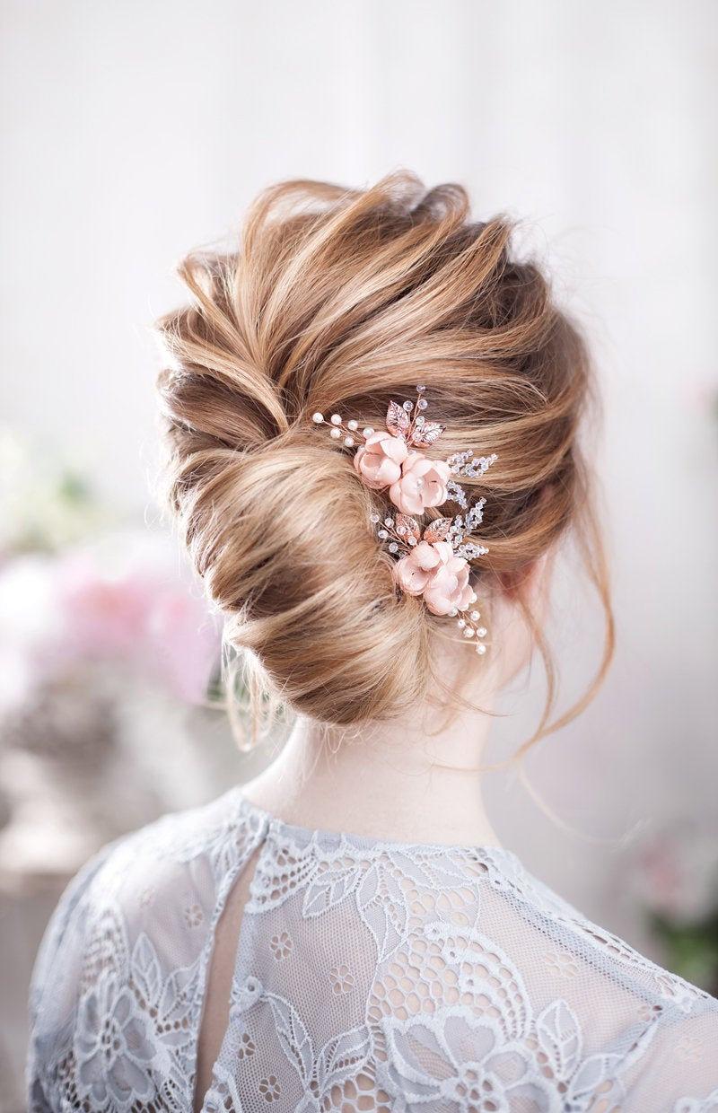 Mariage - Rose Gold Wedding hair Pins Blush Bridal hairpins Blush Wedding hair piece Pink Bridal hairpiece Blush hair Flower Bridal Headpiece Pink pin