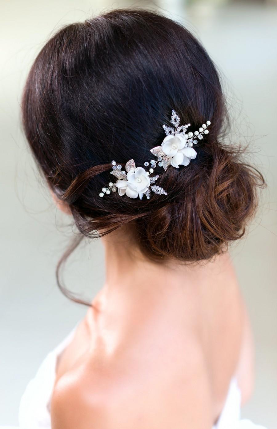 زفاف - Ivory bridal hair pins White bridal flower hair pins Ivory Wedding hair pins Rhinestone hair pins Crystal hair pins Bridal floral hair pins