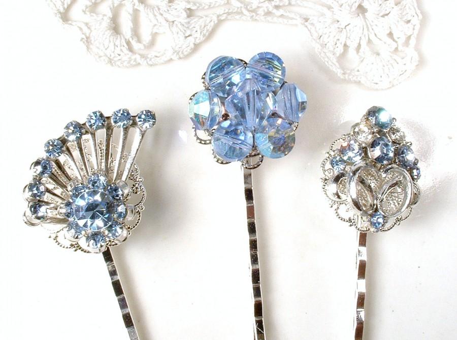 Свадьба - 1 Something Old & Blue Rhinestone Silver Vintage Bridal Hair Pin, Light Powder Blue Bobby Pin Hair Clip, Bridesmaid Jewelry Wedding Gift