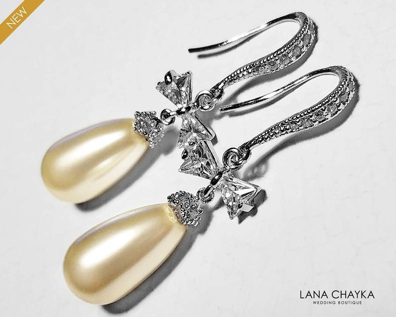 Wedding - Pearl Bow Bridal Earrings, Swarovski Teardrop Ivory Pearl Silver Earrings, Wedding Pearl Earrings, Bridal Pearl Jewelry Pearl Dangle Earring