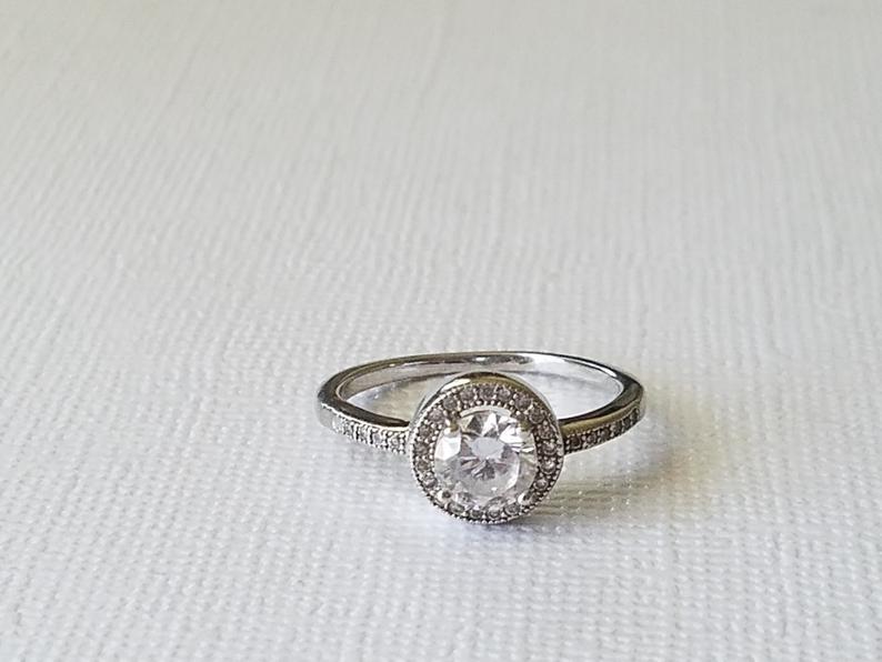 Hochzeit - Cubic Zirconia 925 Sterling Silver Ring, Crystal Halo Ring, Wedding Sirconia Halo Ring, Clear CZ Silver Women Rings, Wedding Bridal Jewelry