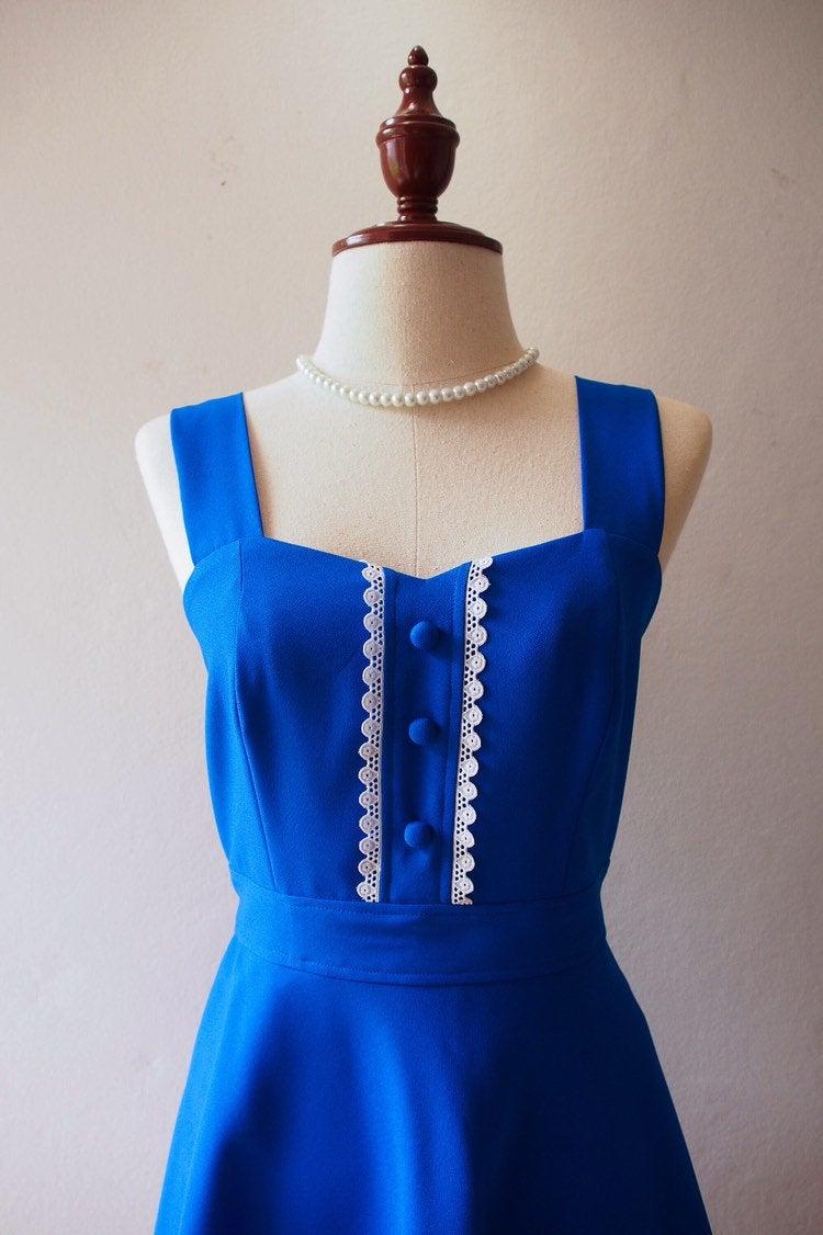 زفاف - 2019 Vintage Dress Straps Dress Henley Royal Blue Bridesmaid Dress Long Dress Dress Fit and Flare Blue Evening Dress Handmade Swing Dance