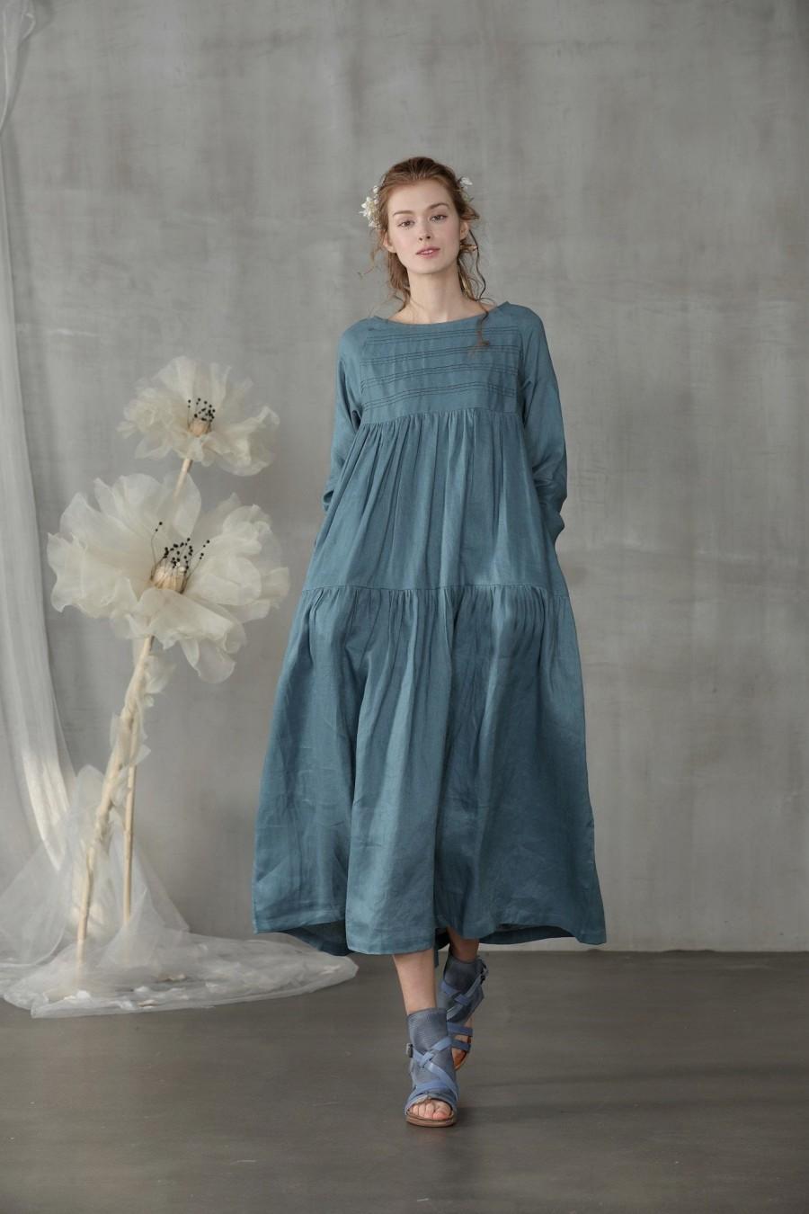 زفاف - linen dress, linen kaftan dress, maxi dress,  layered dress, pleated dress, longsleeve dress, boho dress, ruffle dress 