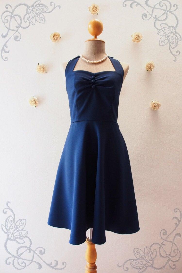 Mariage - 2019 Bridesmaid Dress in Navy Swing Fit and Flare Sweetheart Dress Vintage Party Dress Vintage Sundress Navy Summer Dress Graduation Dress