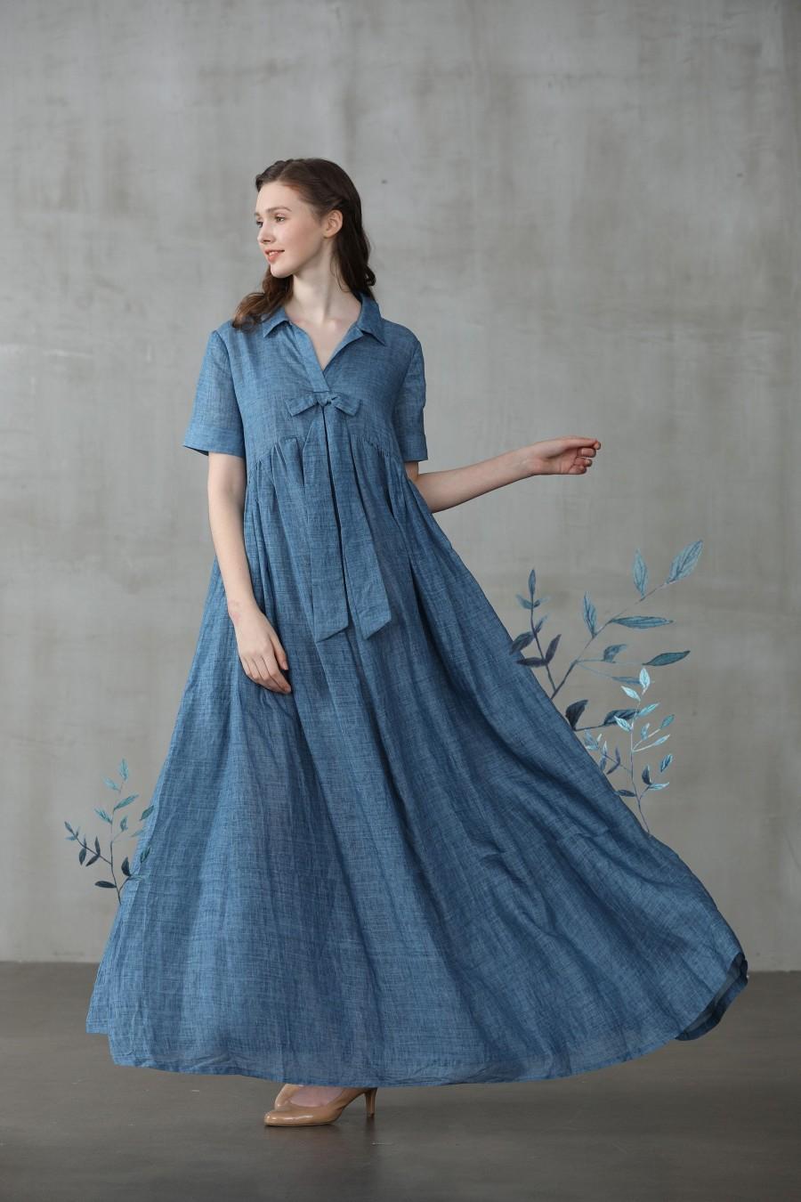 Hochzeit - linen dress, maxi dress, blue dress, plus size dress, shirt dress, empired dress, wedding dress, boho dress, pocket dress 