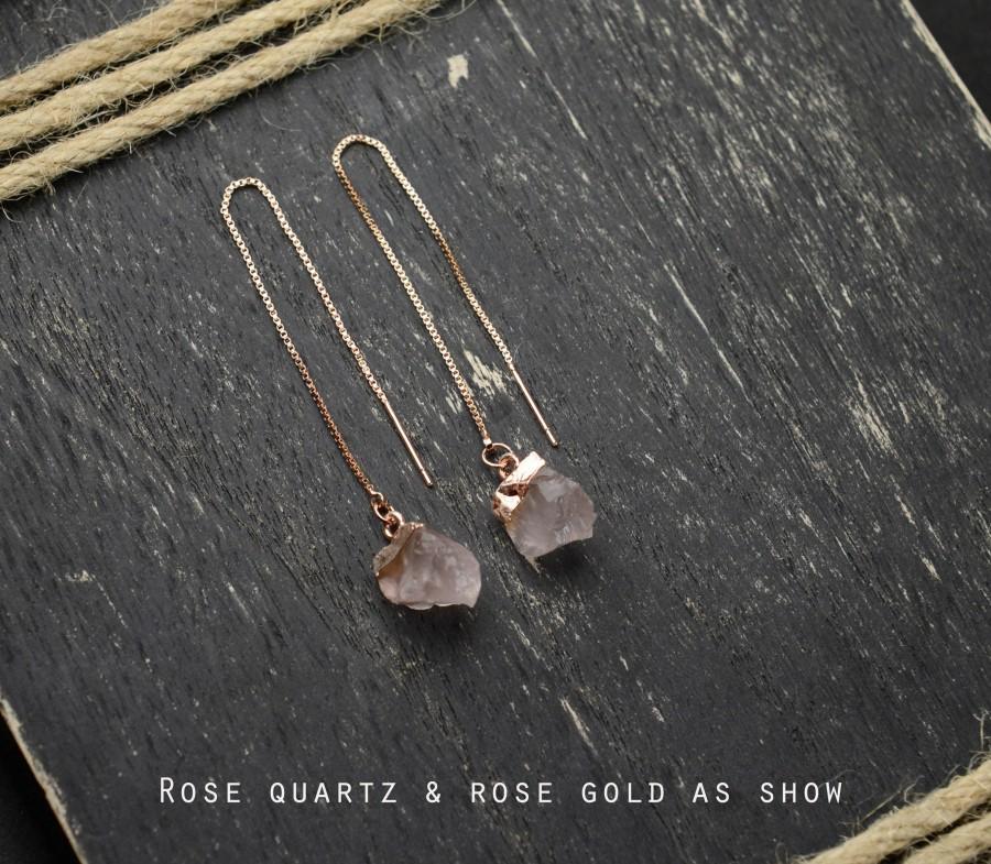 زفاف - Birthstone ,rose quartz Drop Earring, Pink quartz Threader Earrings, Bridesmaid Gift,  Ear Threaders, Raw Crystal Earrings, Bridal earrings
