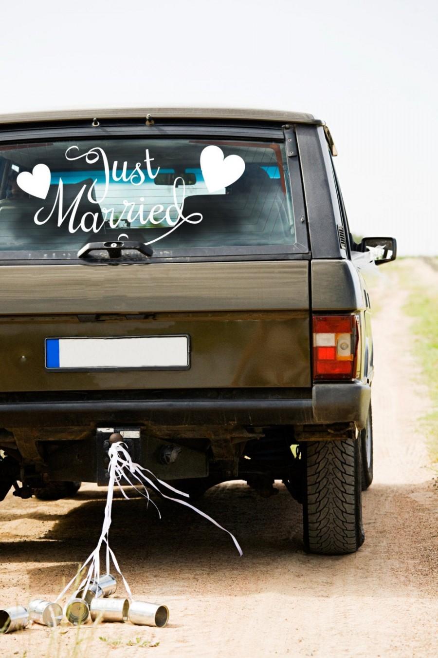 زفاف - Just Married with Hearts Car Sticker Quote - Wall Decal Custom Vinyl Art Stickers
