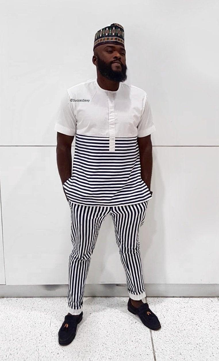 Mariage - Men's African Wear, White and blue stripes, African Fashion, African wear, Dashiki.