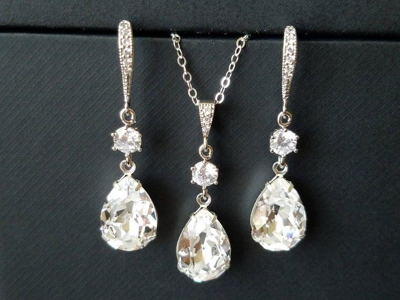 Wedding - Crystal Bridal Jewelry Set, Swarovski Crystal Earring&Necklace Set, Clear Rhinestone Silver Jewelry Wedding Set, Bridesmaids Bridal Jewelry
