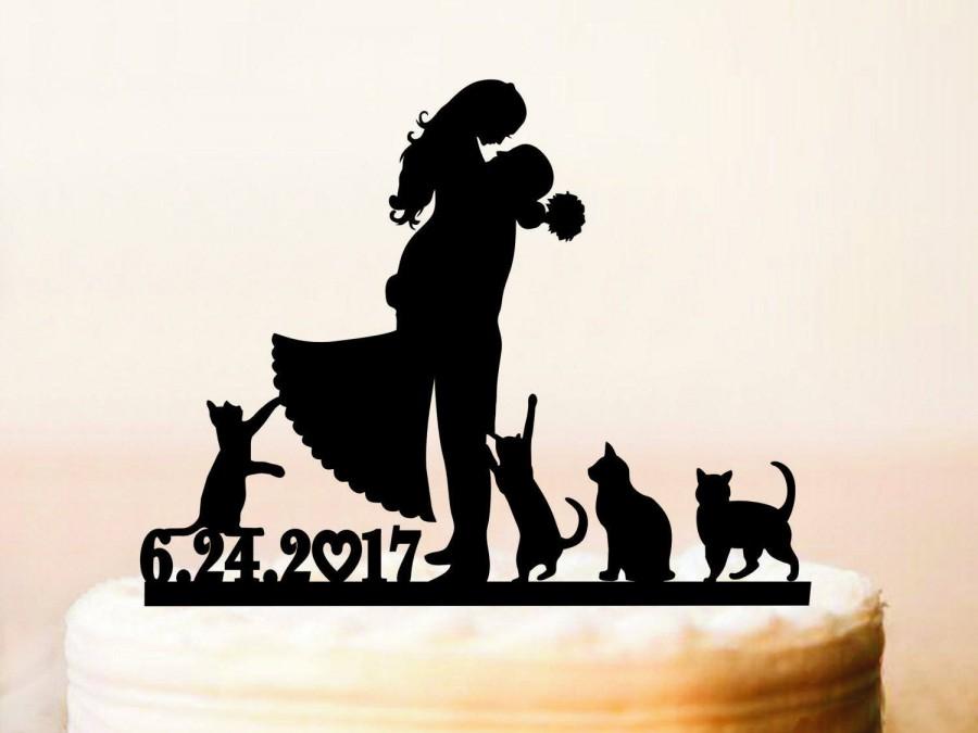 Wedding - Wedding Cake Topper Silhouette Couple,Cats Cake Topper,Wedding Cats Cake Topper,Bride and Groom with Cats Topper,Cake Topper with Cats (216)