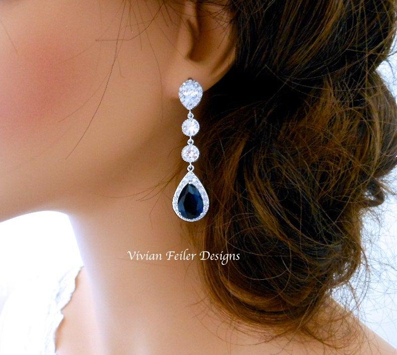 زفاف - WEDDING Earrings SAPPHIRE BLUE Bridal Earrings Long Lux Tear Drop Wedding Jewelry Cubic Zirconia Prom Pageant Jewelry Bridal Glamorous Bling