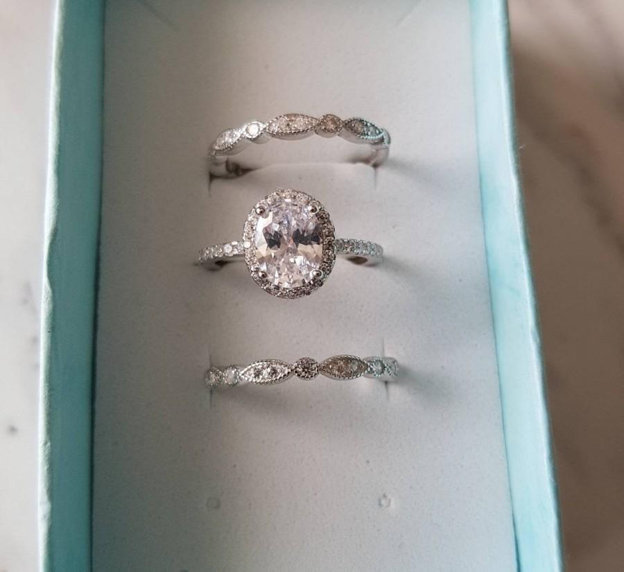 Wedding - Vintage Engagement Ring Set  Vintage Engagement Ring 1930s Ring Art Deco Ring Wedding Ring Set Ring Diamond Ring 3 band Ring Oval Ring