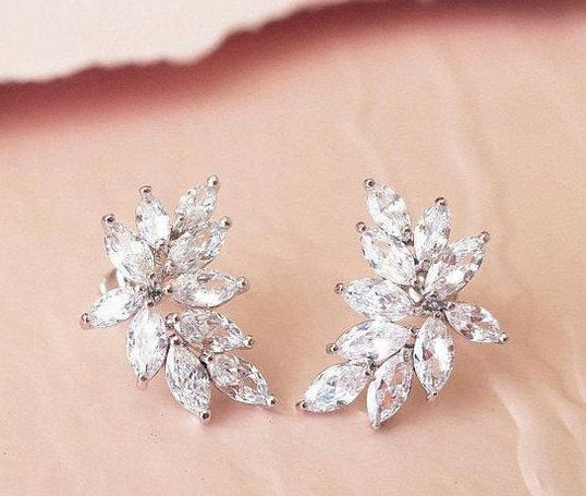 Wedding - 1920s Crystal Bridal Earrings Wedding Jewelry Leaf Cluster Wedding Earrings Bridal Jewelry Art Deco Vintage Statement Silver Rose Gold Stud