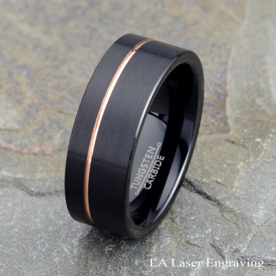 زفاف - Black Tungsten Ring, 8mm Tungsten Ring, Tungsten Wedding Ring, Grooved Rose Gold Wedding Band, Men's Wedding Band, Personalized Mens Ring