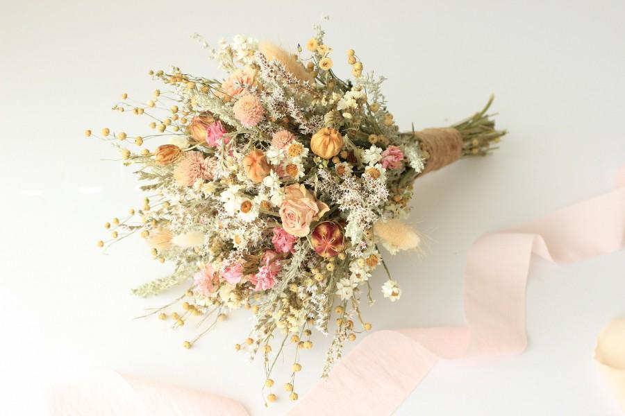 زفاف - Pink Dream Peach Dried Flowers Bouquet / Preserved Daisy Rose Flowers Bouquet / Wedding Bridal bouquet / Preserved silver grey herbs Natural