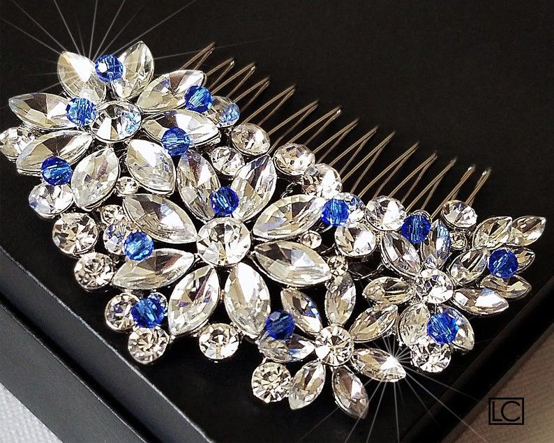 Hochzeit - Bridal Crystal Hair Comb, Rhinestone Blue Hair Comb, Wedding Sparkly Hair Piece, Bridal Hairpiece, Sparkly Hair Piece, Crystal Sapphire Comb