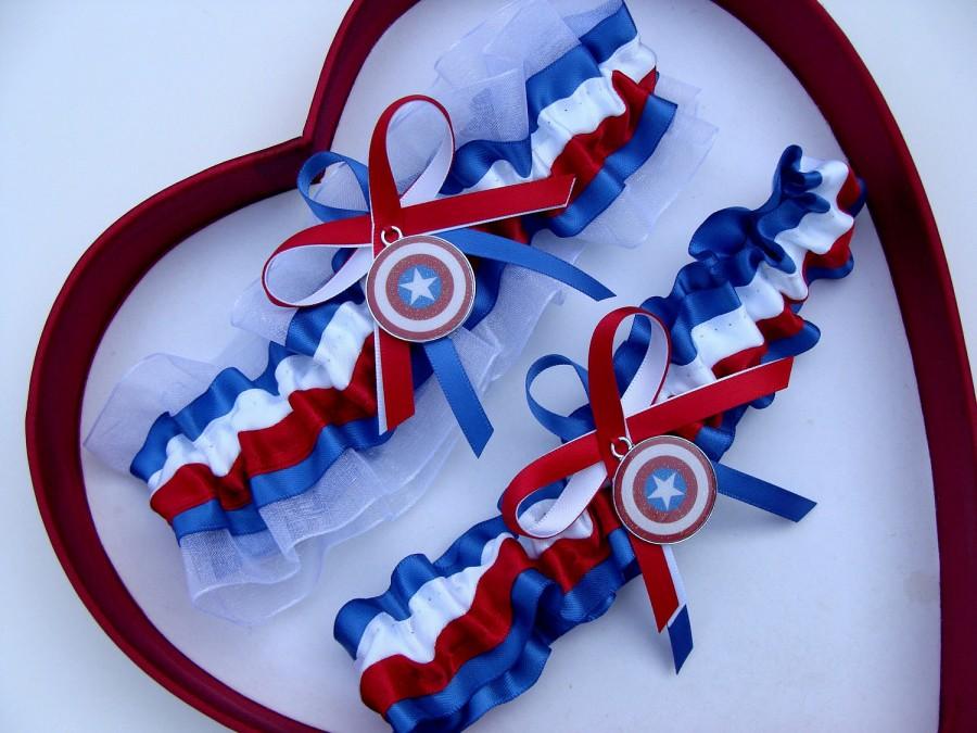 Свадьба - New Handmade Captain America Wedding Garter White Red Royal Blue Prom Garters Homecoming Dance Superhero Wedding Garter Set