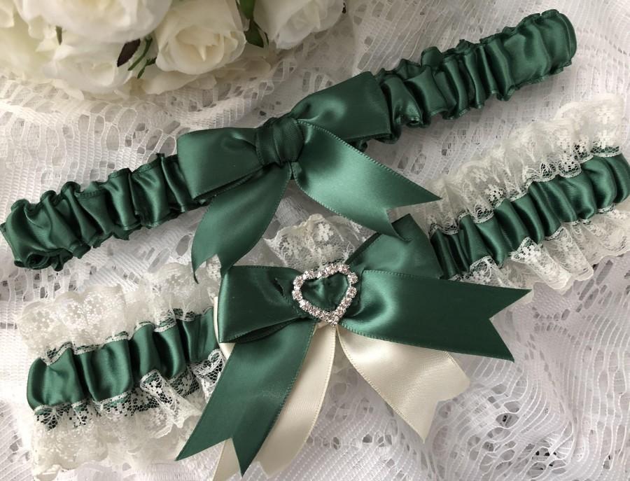Hochzeit - WEDDING GARTER SET white ivory and forest green garter satin lace heart diamantes crystals bridal garter set hunter dark