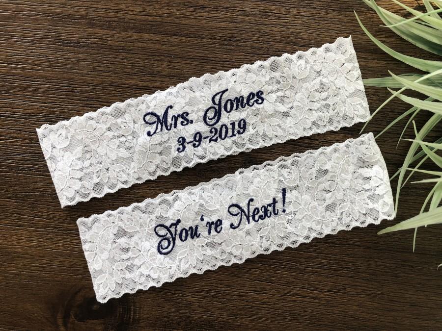 Wedding - Wedding Garters Set or Single Perosnalized, Embroidered Bride Keepsake Mrs Garter, Custom Size Garter, white or ivory,bride gift
