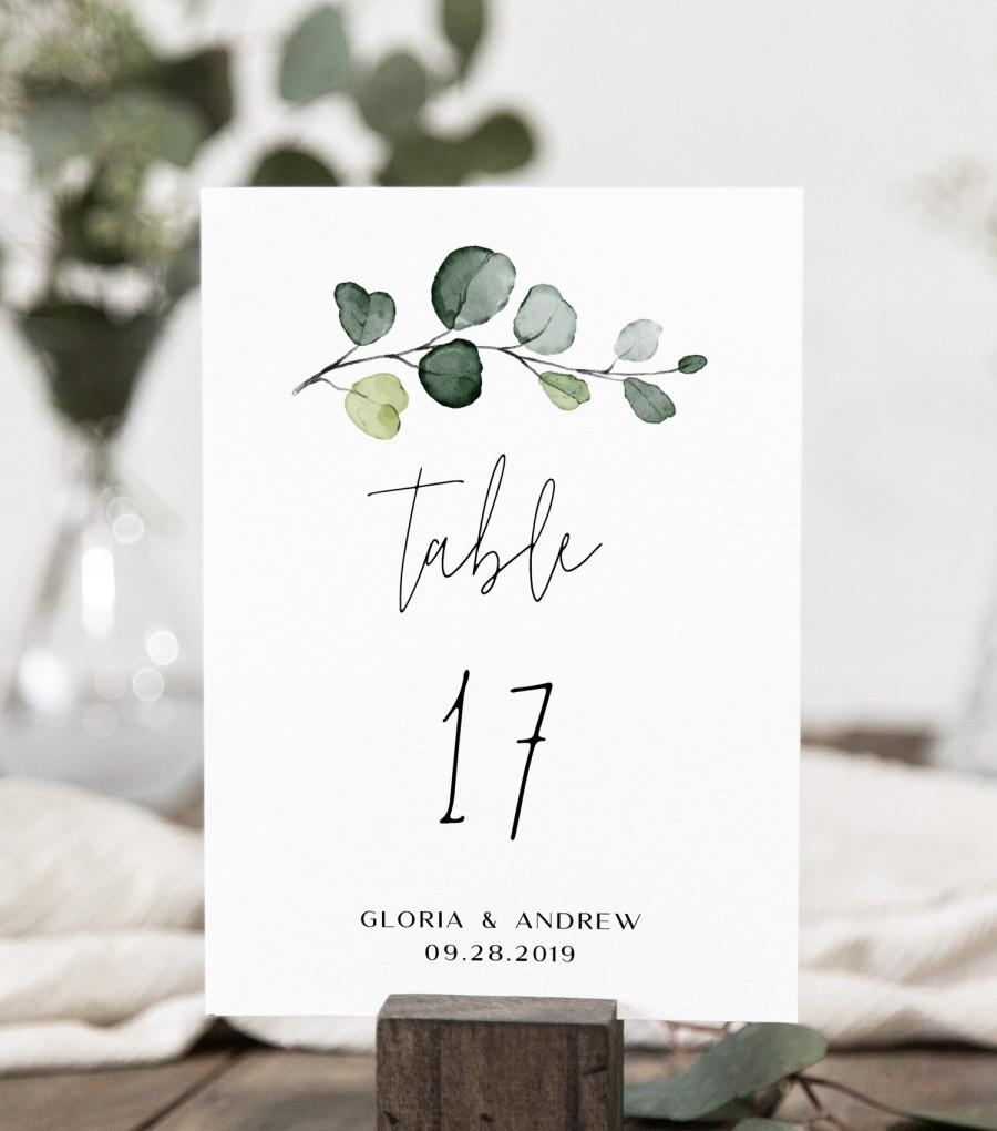 Mariage - Wedding Table Number Card Template with Hand-Painted Watercolor Eucalyptus, Printable Greenery Seating Card, Editable Template, AB17_01_040
