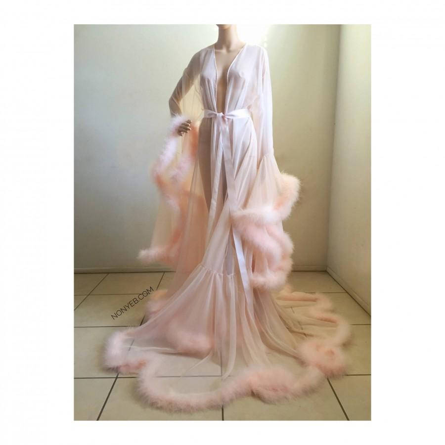 Wedding - Luxury Sheer Fur Robe Peach Lingerie with satin ties / wedding robe / bridal robe / feather robe