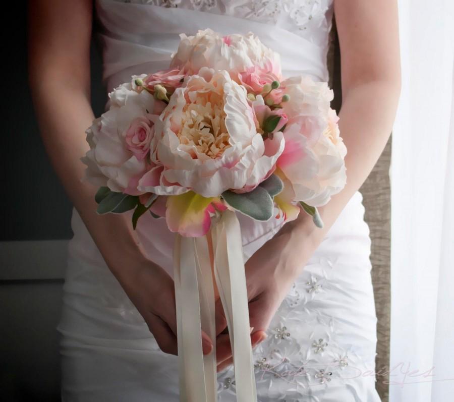 Hochzeit - Blush Pink Peony and Rose Wedding Bouquet with Lamb's Ear and Berries