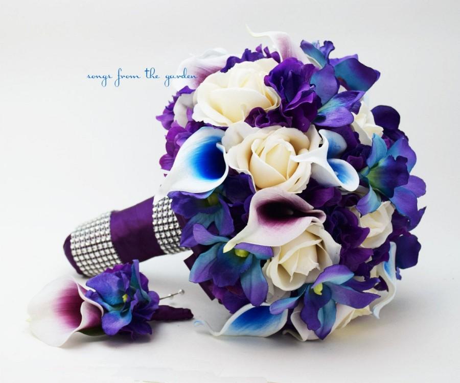 Hochzeit - Blue Orchid Picasso Calla Bridal or Bridesmaid Bouquet - add a Groom's or Groomsman Boutonniere - Blue Purple Plum White Wedding Bouquet