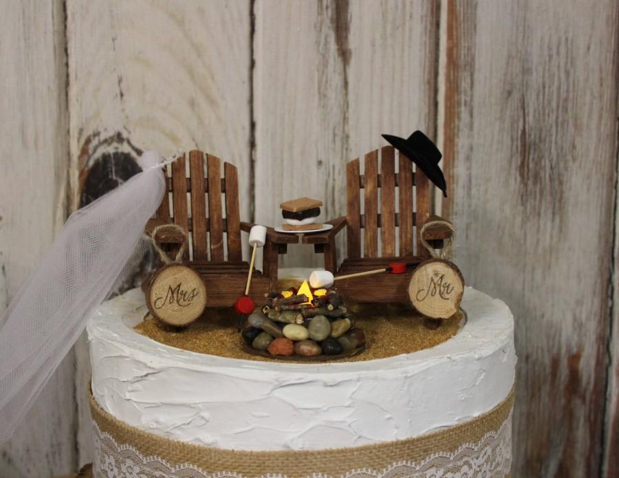 زفاف - Beach Wedding Cake Topper, Camping, Adirondack Chairs, Bride and Groom, Lighted Campfire Wedding Cake, Rustic, Hunting Adirondack Chairs
